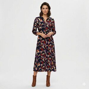 *Selected Femme Black Long-Sleeve Floral Midi Dress Abstract Print Sz 34